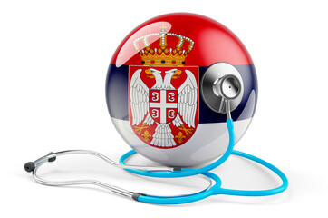 Serbian flag with stethoscope. Health care in Serbia concept, 3D rendering