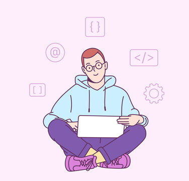 Freelancer programmer working his project. Concept of script coding and programming in php python javascript other languages