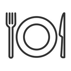 Cutlery: plate, fork, knife. Simple food icon in trendy line style isolated on white background for web apps and mobile concept. Vector Illustration