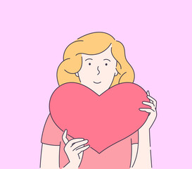 Love, dating, romance, relationship, togetherness, couple concept. Young smiling woman holding big red heart. Modern line style illustration