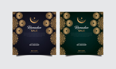 Ramadan sale square banner black-green with moon mandala.Abstract sale banner vector illustration