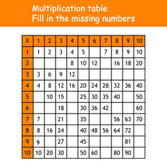 Multiplication Square. Paste the missing numbers. School vector illustration with colorful cubes. Multiplication Table. Poster for kids education. Maths child card.
