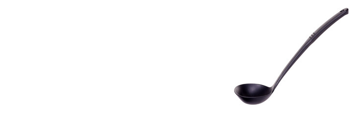 Black plastic ladle, kitchen utensil, isolated on white background.