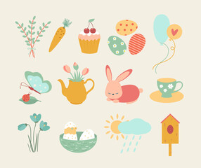A set of Easter design elements. Eggs, chicken, butterfly, rabbit, tulips, flowers, willow, branches, basket, tulips, birdhouse, willow. Perfect for holiday decoration and spring greeting cards