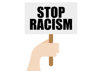 Pancarta en contra del racismo agarrado con una mano.