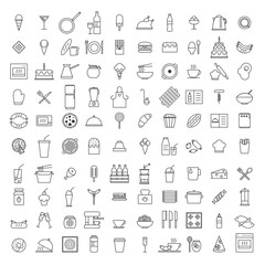 Set of Simple 100 kitchen icons in trendy line style isolated on white background for web apps and mobile concept. Vector Illustration EPS10