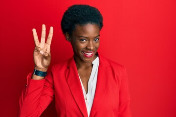 Young african american girl wearing business clothes showing and pointing up with fingers number three while smiling confident and happy.