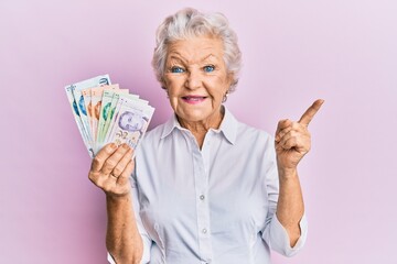 Senior grey-haired woman holding singapore dollars banknotes smiling happy pointing with hand and finger to the side