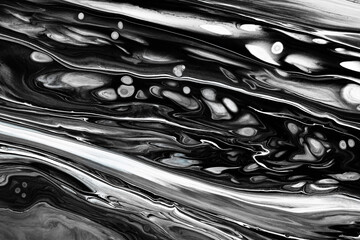 Fluid art texture. Backdrop with abstract swirling paint effect. Liquid acrylic artwork that flows and splashes. Mixed paints for interior poster. Black and white overflowing colors