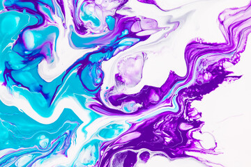 Fluid art texture. Abstract backdrop with swirling paint effect. Liquid acrylic picture with beautiful mixed paints. Can be used for interior poster. Purple, turquoise and white overflowing colors
