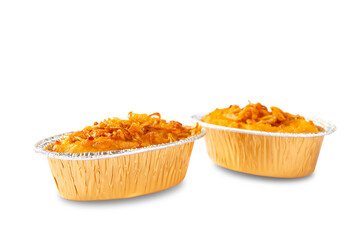 Thai dessert. Thai Custard cake with Mung Beans or Khanom Mo Kaeng Thua is made with only 4 ingredients Mung Beans, eggs, palm sugar, and salt. Isolated on white background and clipping path.