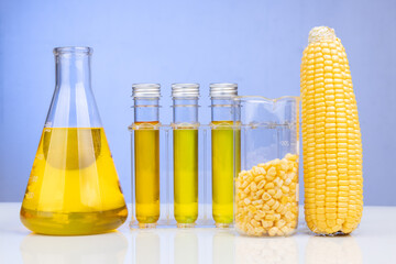 Ethanol biofuel derived from corn maze with beaker test tubes in laboratory