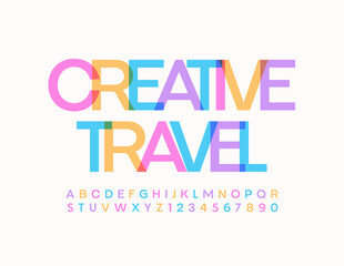 Vector trendy logo Creative Travel with Alphabet Letters and Numbers set. Watercolor bright Font