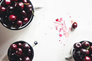 Cherry. Cherries in white bowl. Red cherry. Fresh cherries. Cherry on white background. Cherries isolated on white. Healthy cherry fruits.