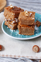 Brownie stack, closeup chocolate