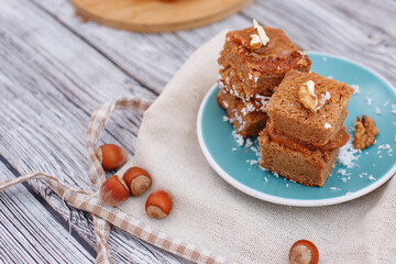 Brownie stack, closeup chocolate