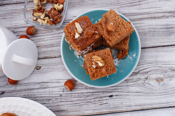 Brownie stack, closeup chocolate