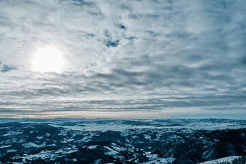 A forest with fir trees at winter. There is a snow all around. Sky and forest at winter.
