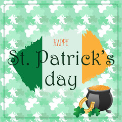 Vector greeting card for St. Patrick's Day. Pot of gold coins, horseshoe and clover.