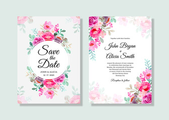 Wedding invitation card set with pink purple floral watercolor