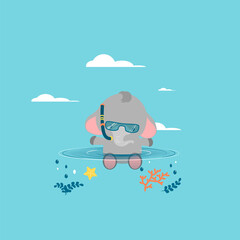 Poster with little elephant in the snorkeling mask vector prints, kids and baby t-shirts and wear. Elephant bathes in water. Vector illustration.