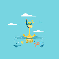 Poster with little Giraffe in the snorkeling mask vector prints, kids and baby t-shirts and wear. Giraffe bathes in water. Vector illustration.