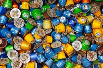Used coffee capsules. Horizontal image, high angle view.