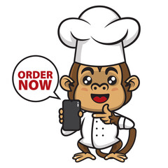 Funny Little Monkey Cartoon Characters showing smartphone and say Order Now in bubble text, best for mascot or sticker of culinary delivery services business