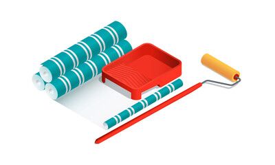 Isometric vector illustration paint roller, paint tray and wallpaper rolls isolated on white background. Realistic colorful wallpaper sticking icon in flat cartoon style. Renovation and reconstruction