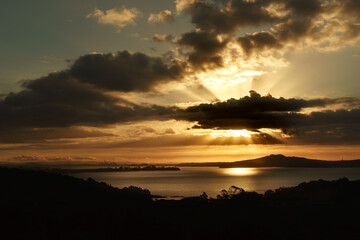 Auckland in the sunset seen from Waiheke Island, New Zealand