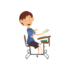Fototapeta premium Vector illustration of a schoolboy sitting at the table on a white background