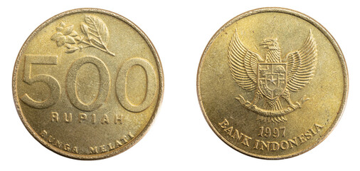 Malaysia five hundred rupiah coin on white isolated background