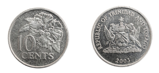 Trinidad and Tobago ten cents coin on white isolated background