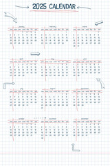 2025 calendar weekly planner and to do list. hand drawn font type text and elements, school note style, checkered notebook sheet with lineart arrows and frames.
