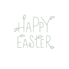 Happy Easter handwritten spring sign with leaf. Fresh, green style typography lettering for greeting card. Vector stock illustration isolated on white background. EPS10