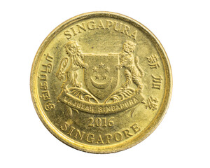 Singapore five cents coin on a white isolated background