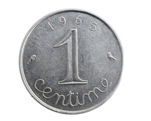 France one centime coin on a white isolated background