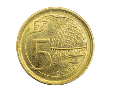 Singapore five cents coin on a white isolated background