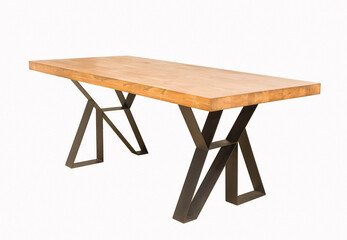 wooden table with black metal legs on white background standing at an angle of 45 degrees