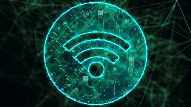Wifi emblem in holographic computer space. High quality photo