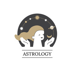 Astrology. Logo. A woman's head surrounded by planets and stars.