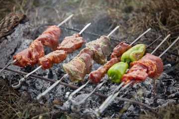 Kebabs in nature, on an old homemade grill, with a shallow depth of field