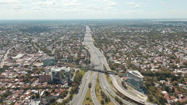 Aerial establishing shot of the beggining of Panamericana highway in Buenos Aires city