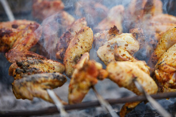 Outdoor shashlik from chicken wings, grilled wings, on a homemade barbecue, with shallow depth of field