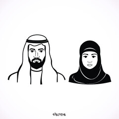 Muslim man and woman.Traditional arab couple. flat style. black icon on isolated on white background