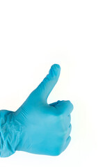 Doctor's hand with thumb up in blue medical (surgical) gloves on white background. Space for text.