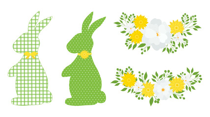 Easter bunny silhouette and flowers decor vector illustration