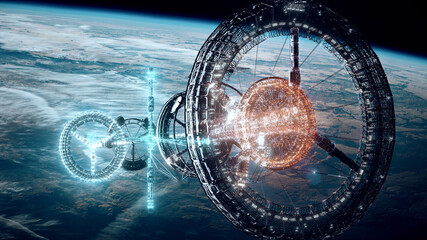 3d Rendered Illustration of Space Station in front of earth. High quality photo © The 2R Artificiality