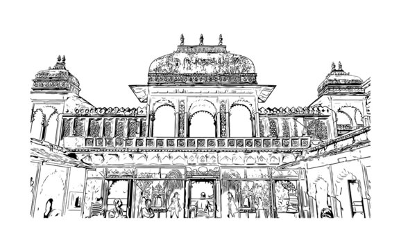 Building view with landmark of Udaipur is the
city in India Hand drawn sketch illustration in vector.