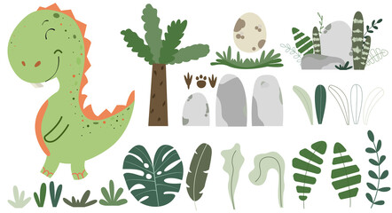 Vector hand-drawn children set with cute T. Rex, plants, tree, stones, leaves and footprints on a white background. Kids set with a dinosaur. Cute baby animals. Reptile. Lizard.